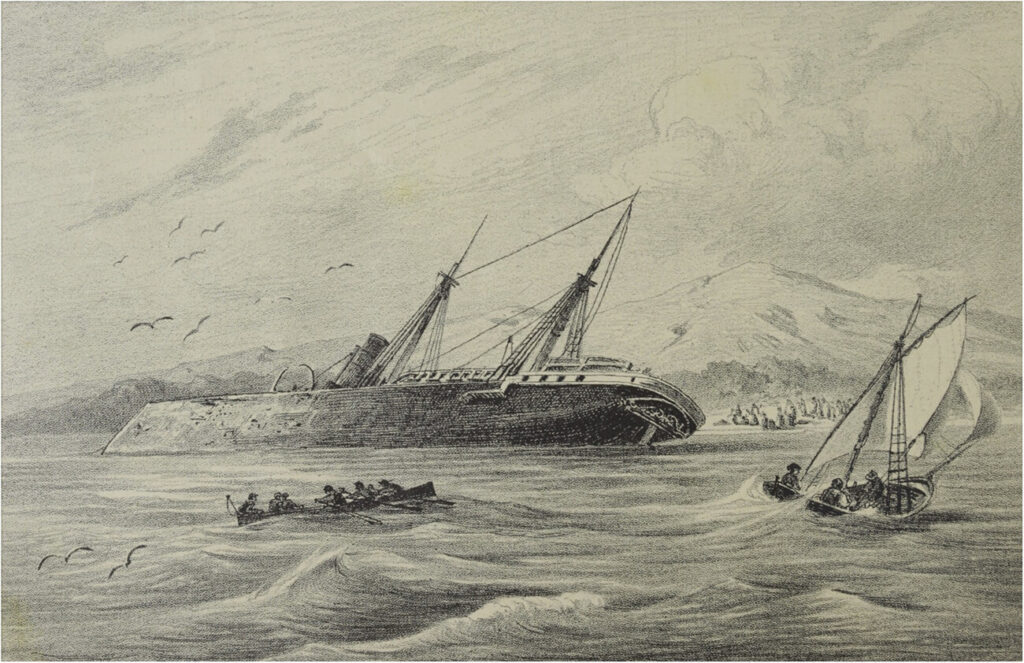 Avusturya gazetesi Neue Illustrierte Zeitung'da tasvir edildiği gibi, Kıbrıs kıyılarına sürüklenen Sfenks ve kıyıda hayatta kalan Çerkesler. Kaynak: Neue Illustrierte Zeitung, 21 Nisan 1878.